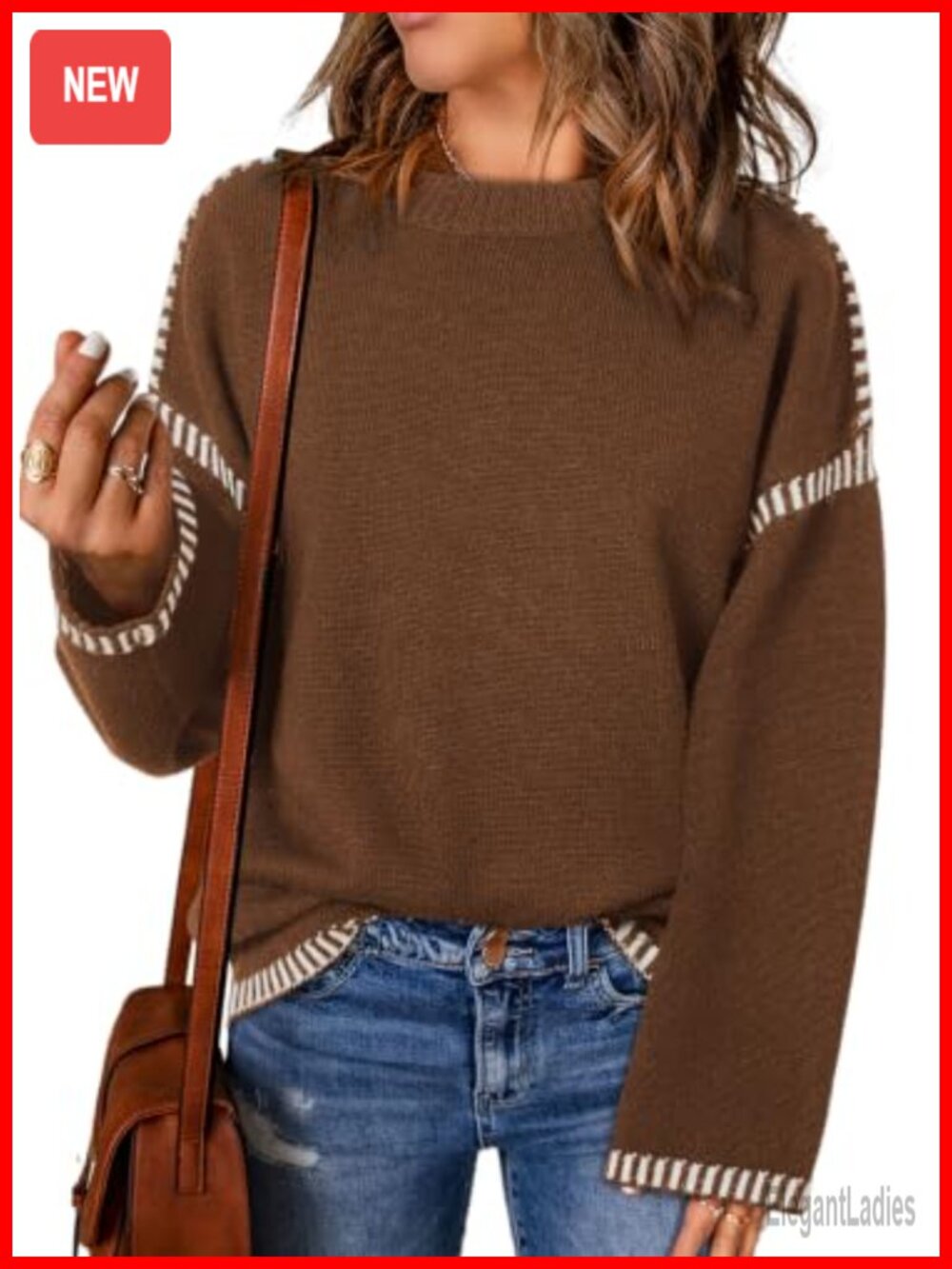 Oversized Crewneck Long Sleeve Cable Knit Pullover Sweater Women